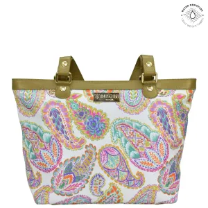 Fabric with Leather Trim Zip Top City Tote - 12005