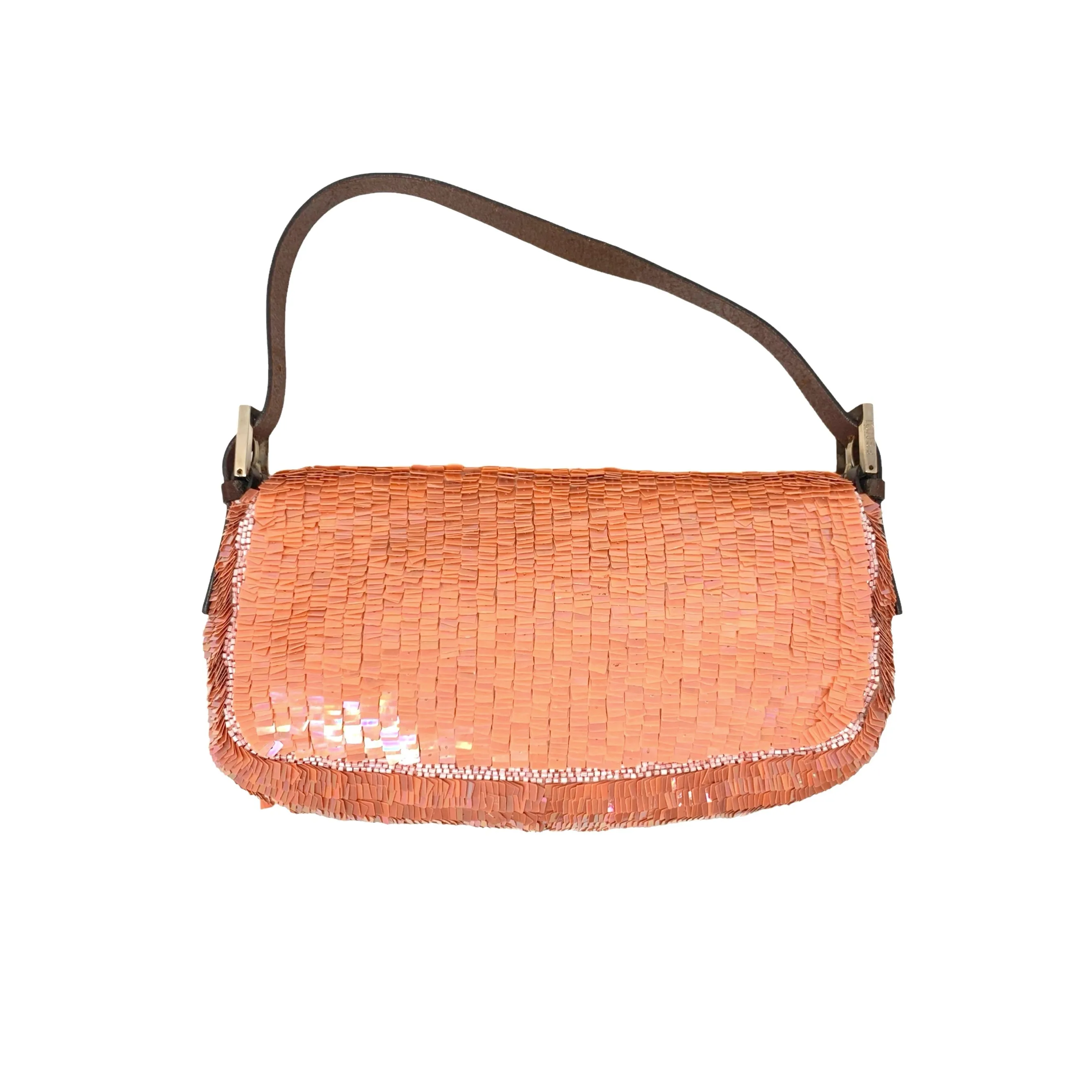 Fendi Peach Sequins Baguette Shoulder Bag