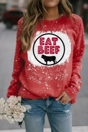 Fiery Red EAT BEEF Graphic Print Bleached Pullover Swetshirt