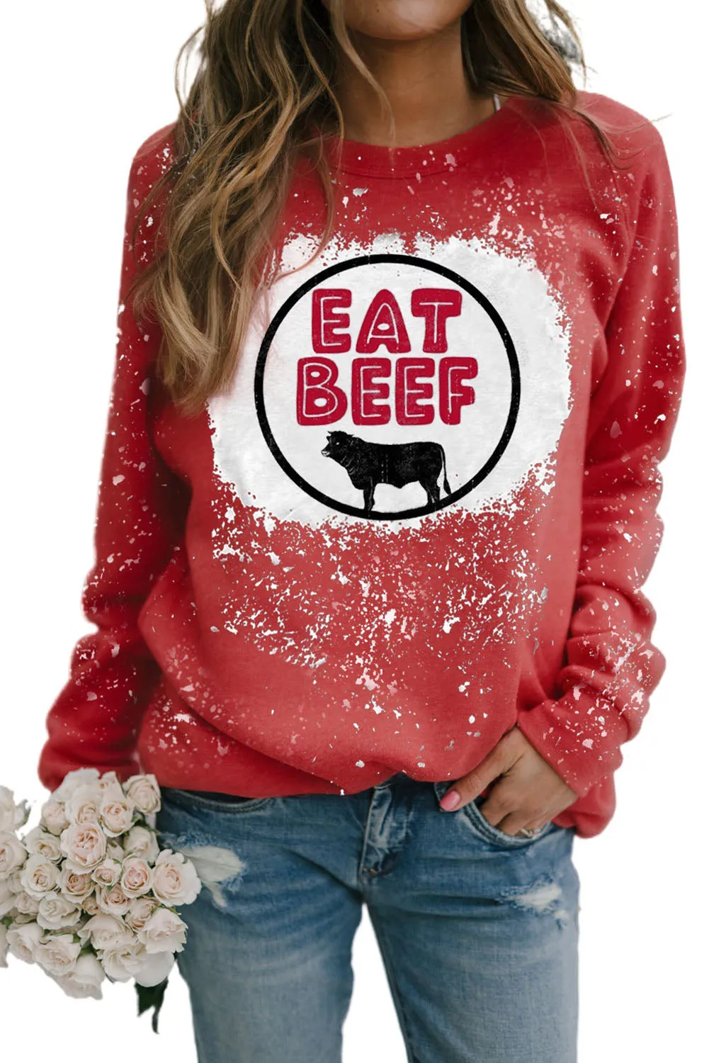 Fiery Red EAT BEEF Graphic Print Bleached Pullover Swetshirt