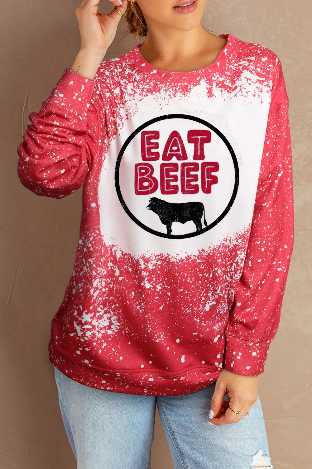 Fiery Red EAT BEEF Graphic Print Bleached Pullover Swetshirt