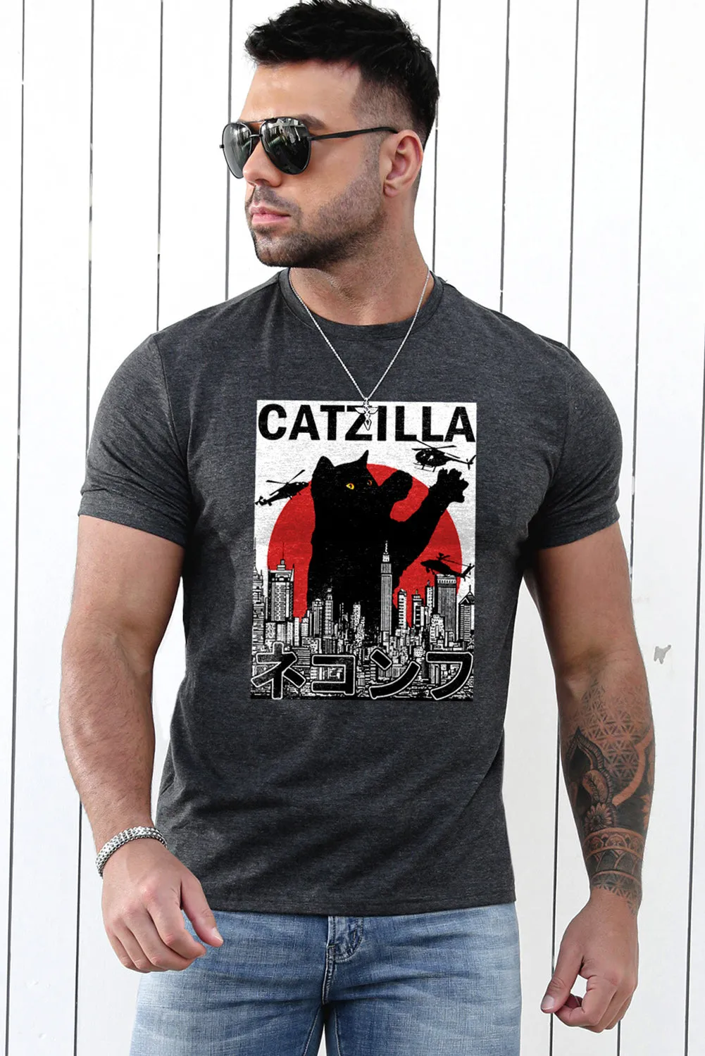 Gray Catzilla Cat Graphic Print Short Sleeve Men's T Shirt