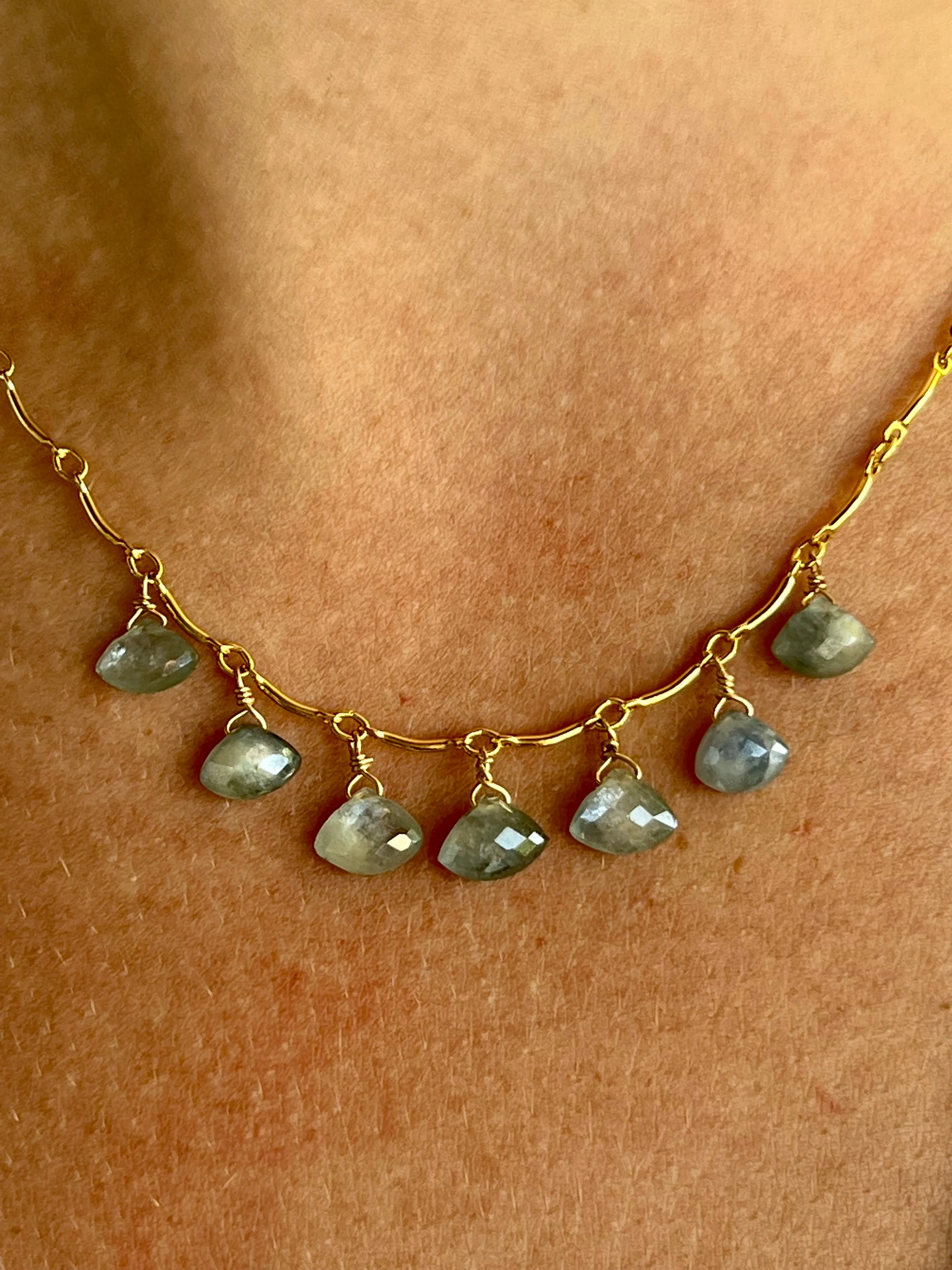 Green Sapphire Drops on Gold Filled Chain Necklace