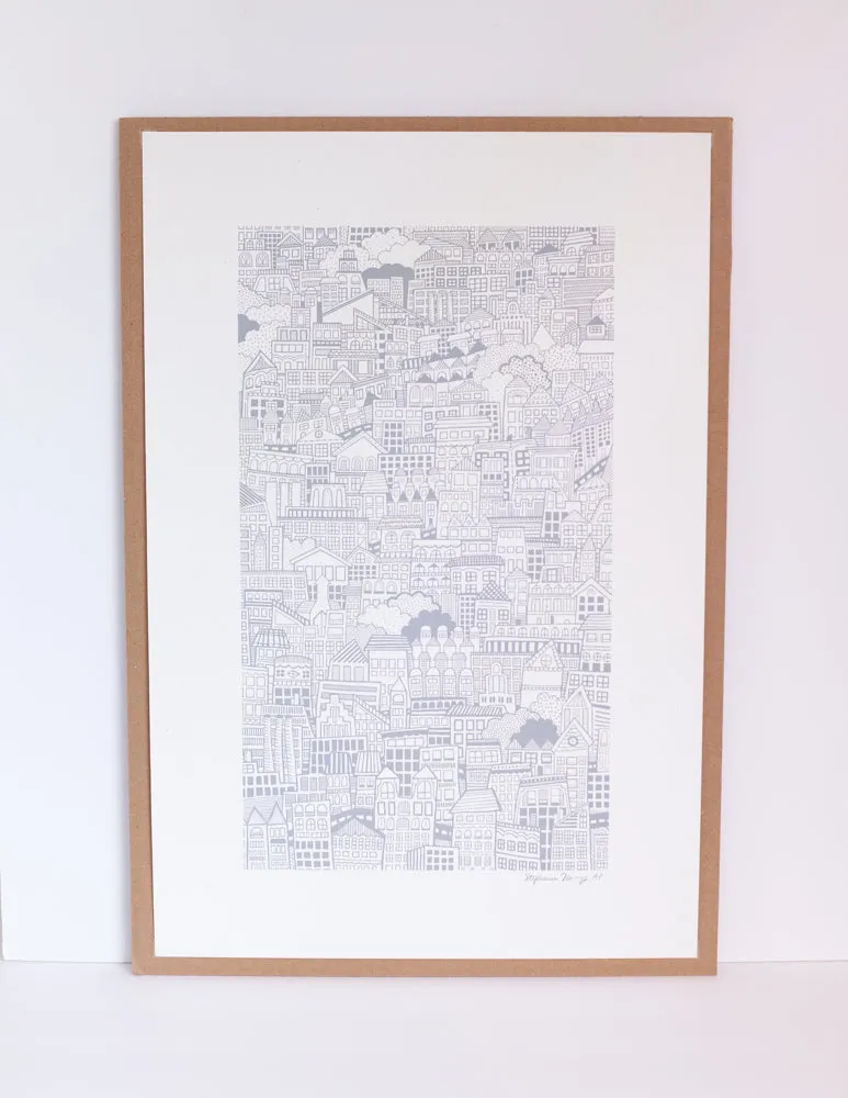 grey city art print, city illustration print, busy city sprawl illustration, neutral wall art for the home