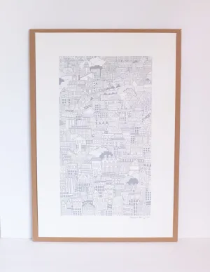 grey city art print, city illustration print, busy city sprawl illustration, neutral wall art for the home