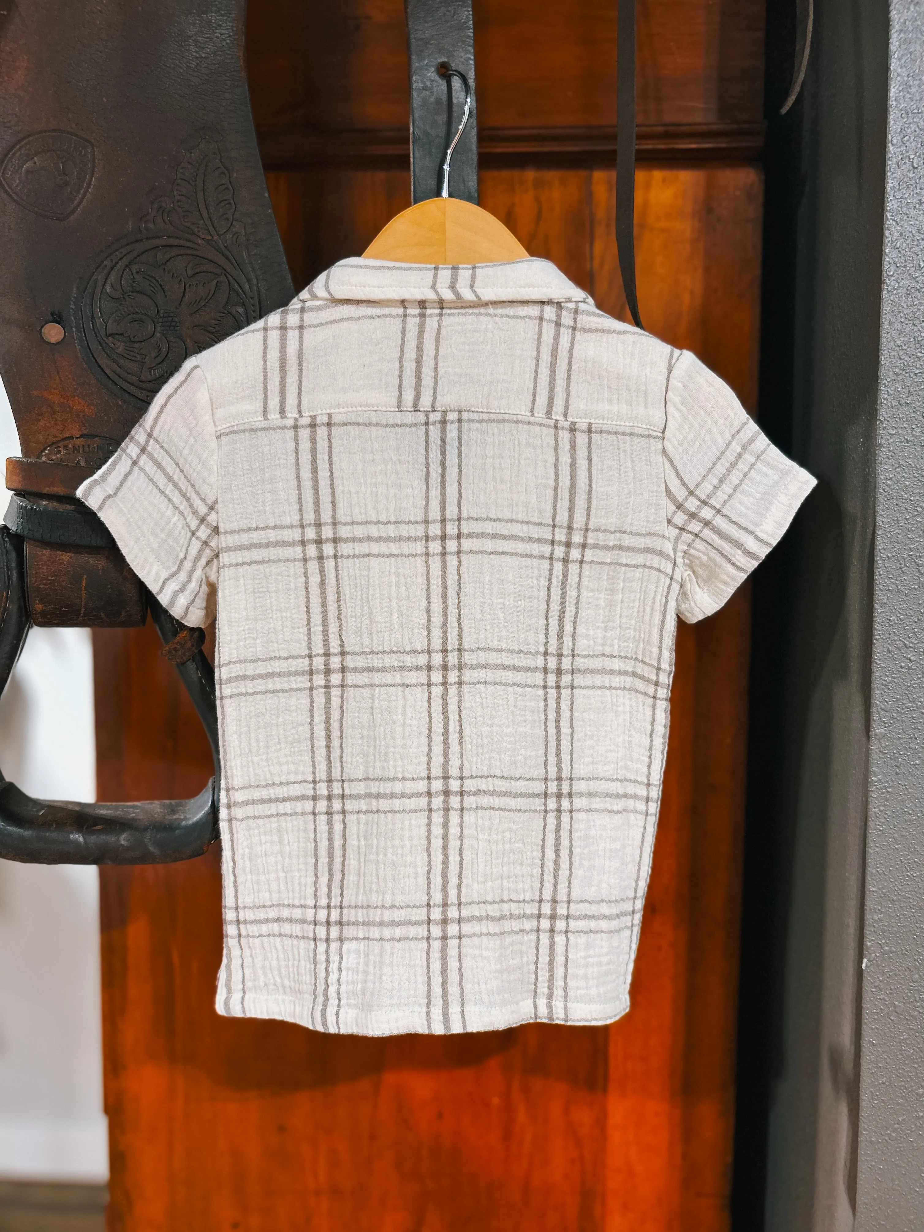 Grey Plaid Boys Cotton Gauze Button Down Shirt (12-18Mo)