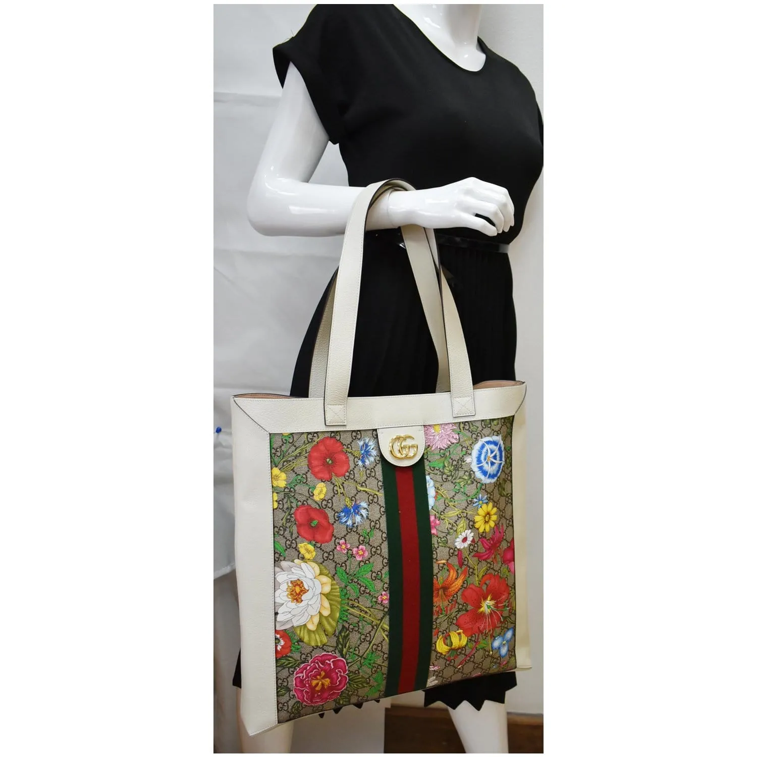 GUCCI Ophidia GG Flora Vertical Shopping Tote Bag White 519335