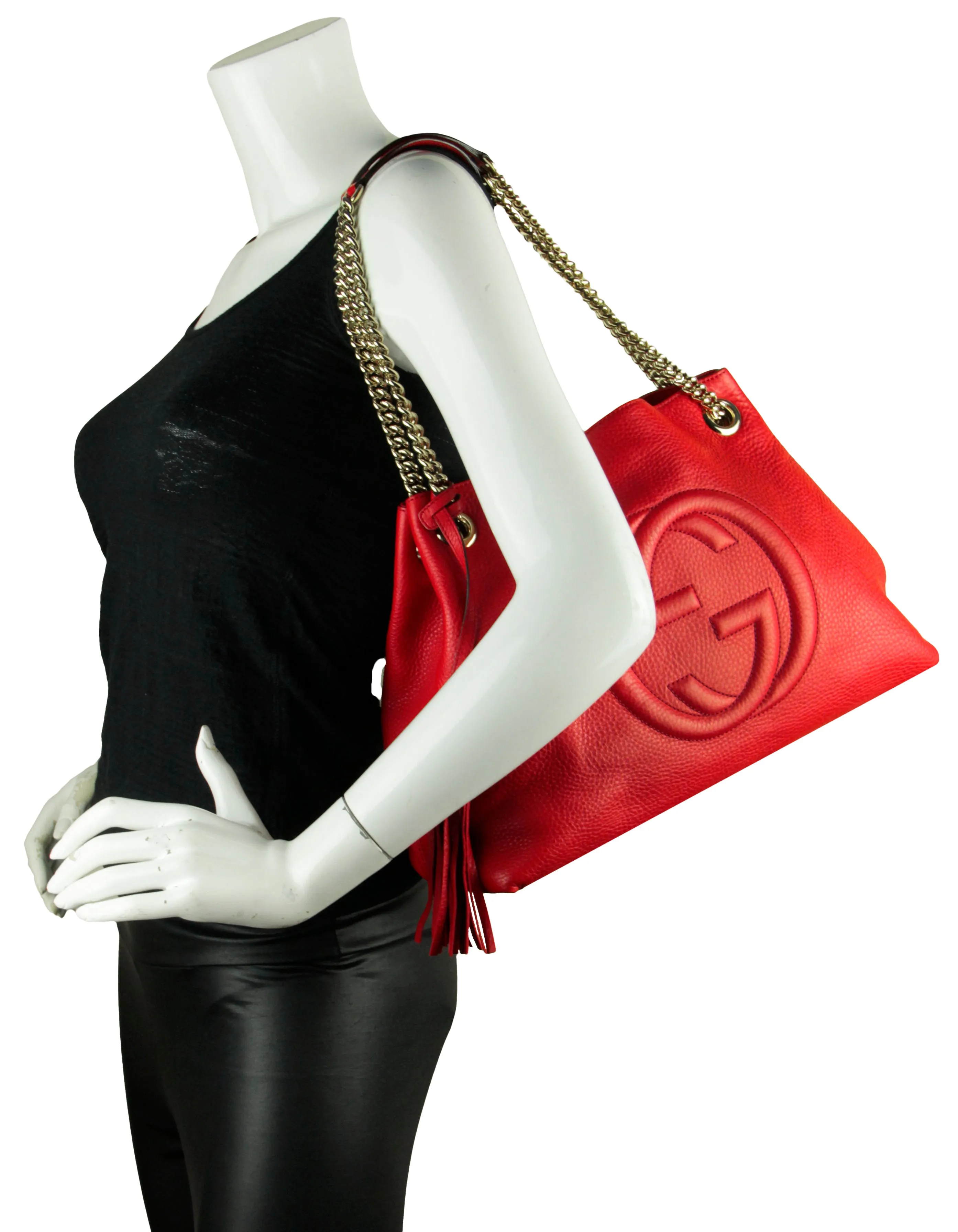 Gucci Red Pebbled Calfskin Leather Soho Chain Tote Bag