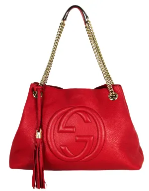 Gucci Red Pebbled Calfskin Leather Soho Chain Tote Bag