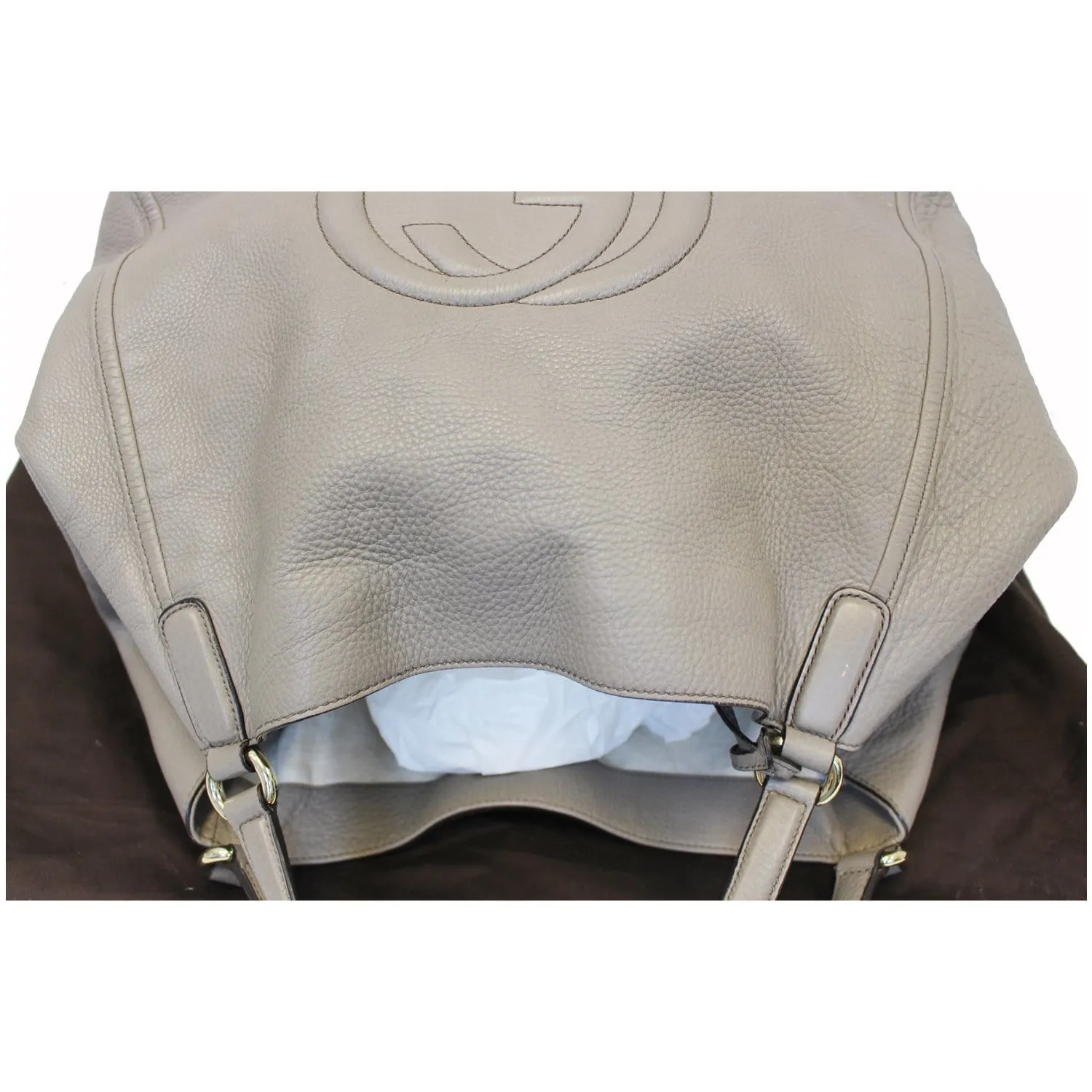GUCCI Soho Pebbled Leather Large Tote Shoulder Bag Taupe