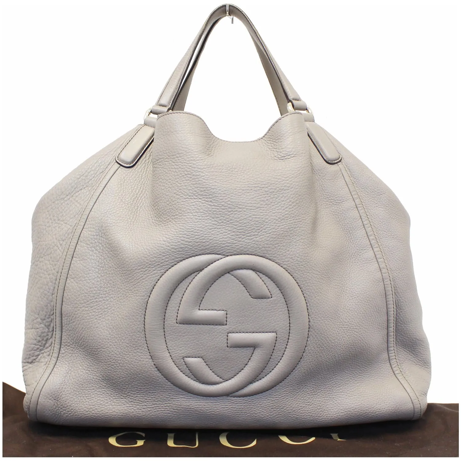 GUCCI Soho Pebbled Leather Large Tote Shoulder Bag Taupe