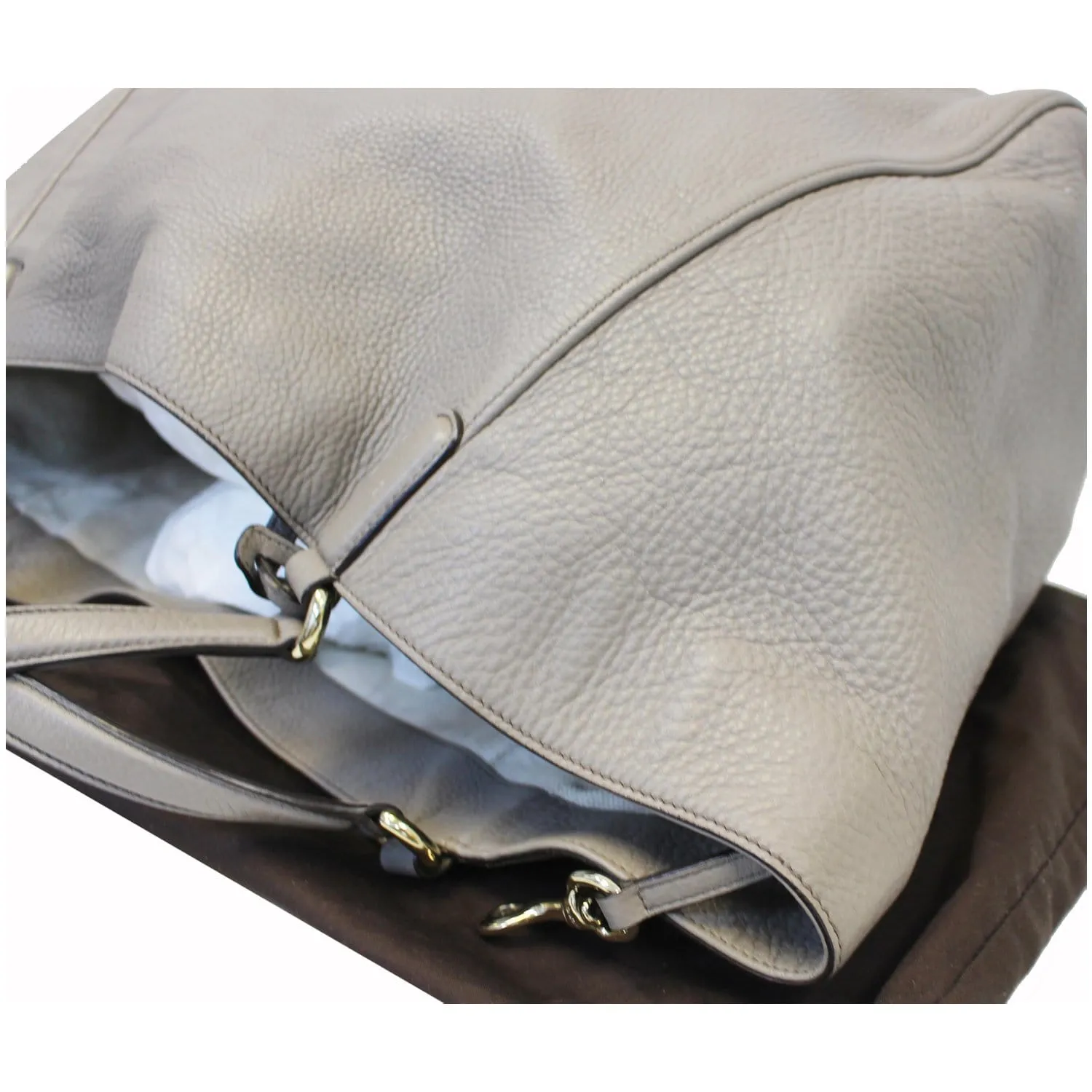 GUCCI Soho Pebbled Leather Large Tote Shoulder Bag Taupe