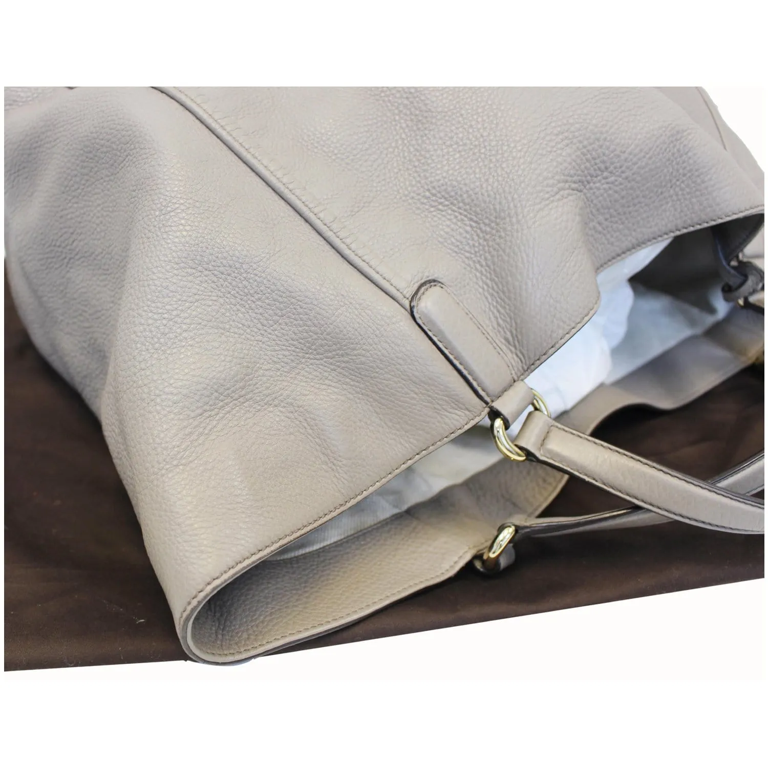GUCCI Soho Pebbled Leather Large Tote Shoulder Bag Taupe