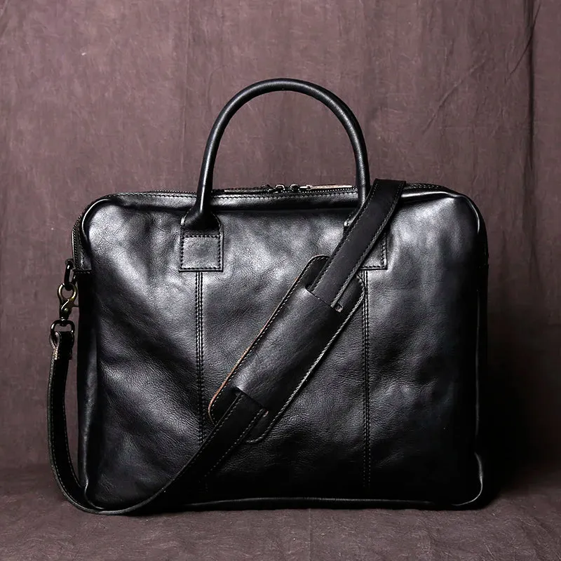 Handcrafted Retro Men's Leather Briefcase Top Layer Cowhide Horizontal Computer Bag