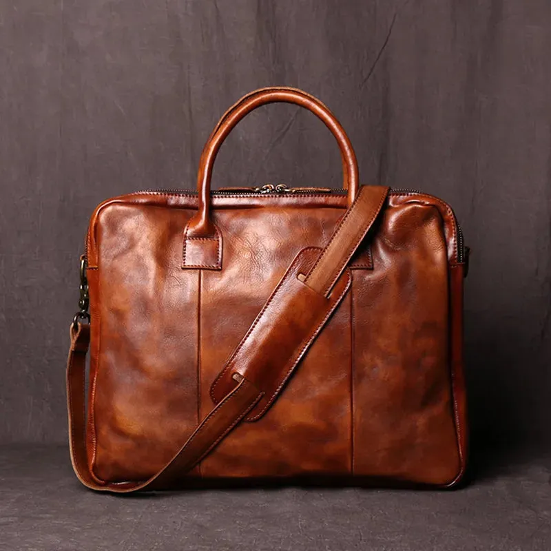 Handcrafted Retro Men's Leather Briefcase Top Layer Cowhide Horizontal Computer Bag