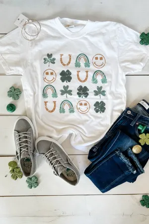 Happy, Rainbows, Clovers, & Horseshoes Graphic Tee - White