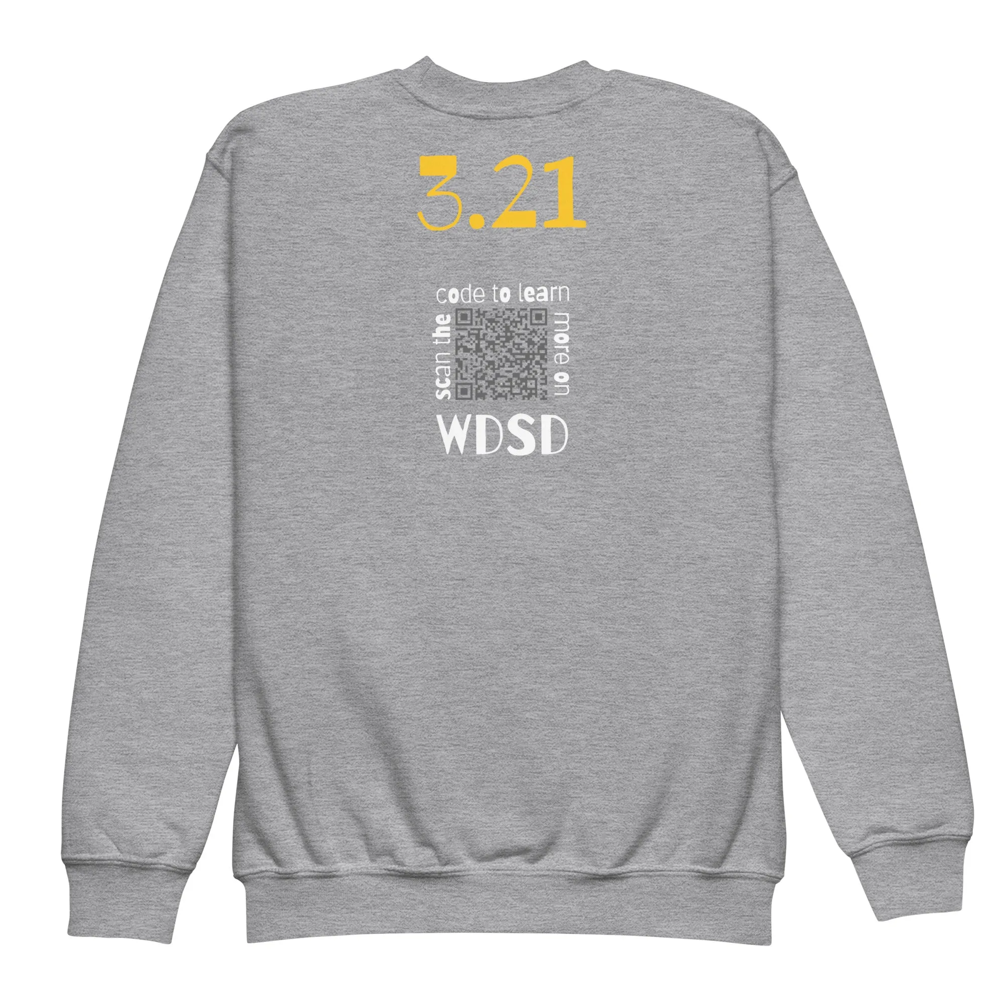 Happy World Down syndrome Day Youth crewneck sweatshirt with QR CODE on back with explanation