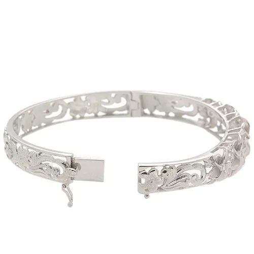 Hawaiian Jewelry 10-15mm 6 Plumeria Rhodium Bangle One Tone
