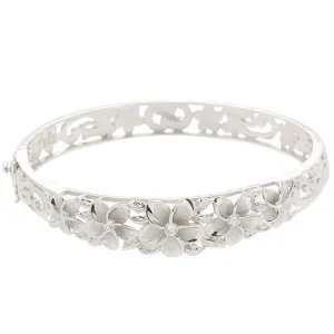 Hawaiian Jewelry 10-15mm 6 Plumeria Rhodium Bangle One Tone