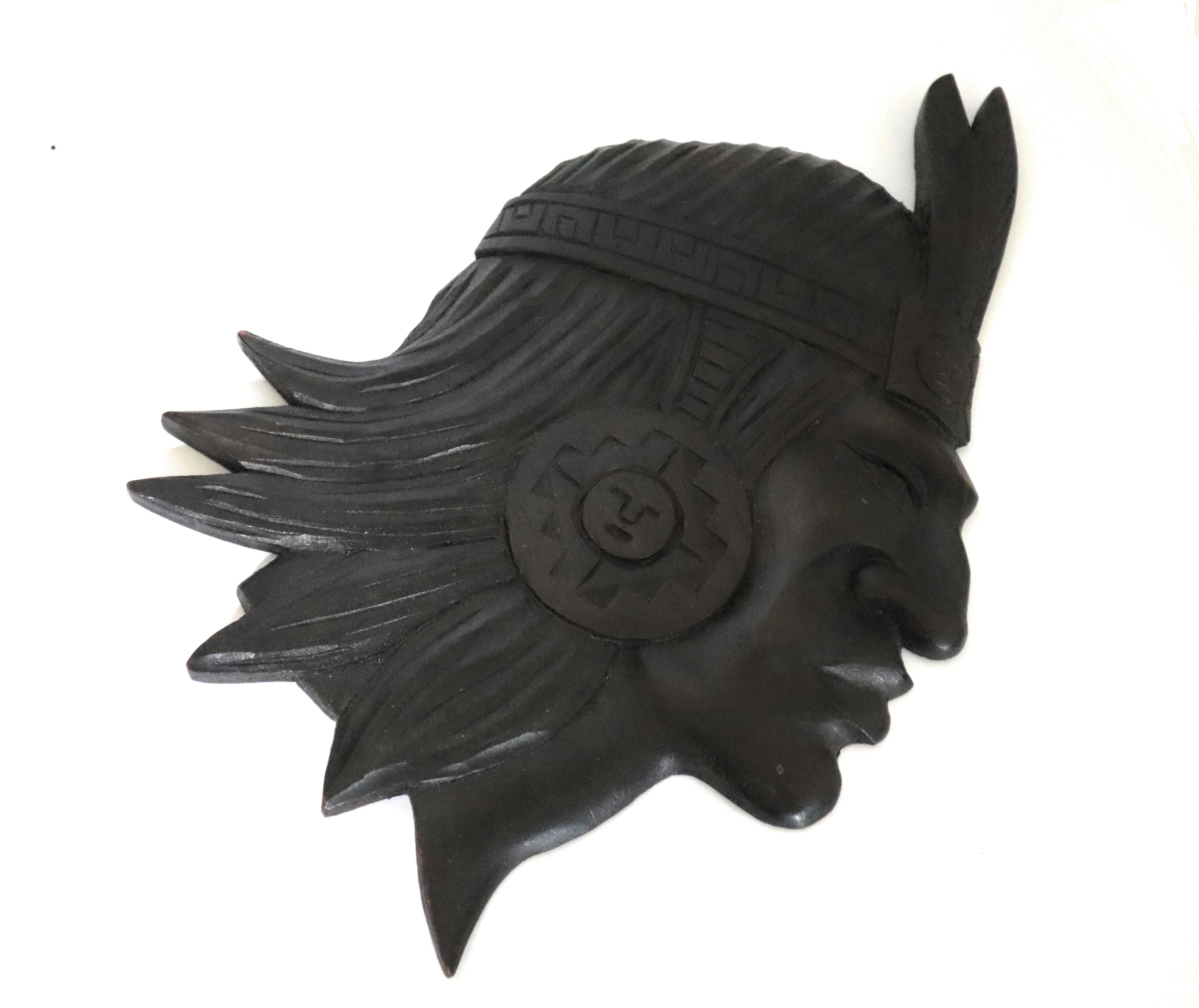 Inca Mask Wood Wall Plaque Hand Carved Peruvian Art Dark Brown 13” Tall