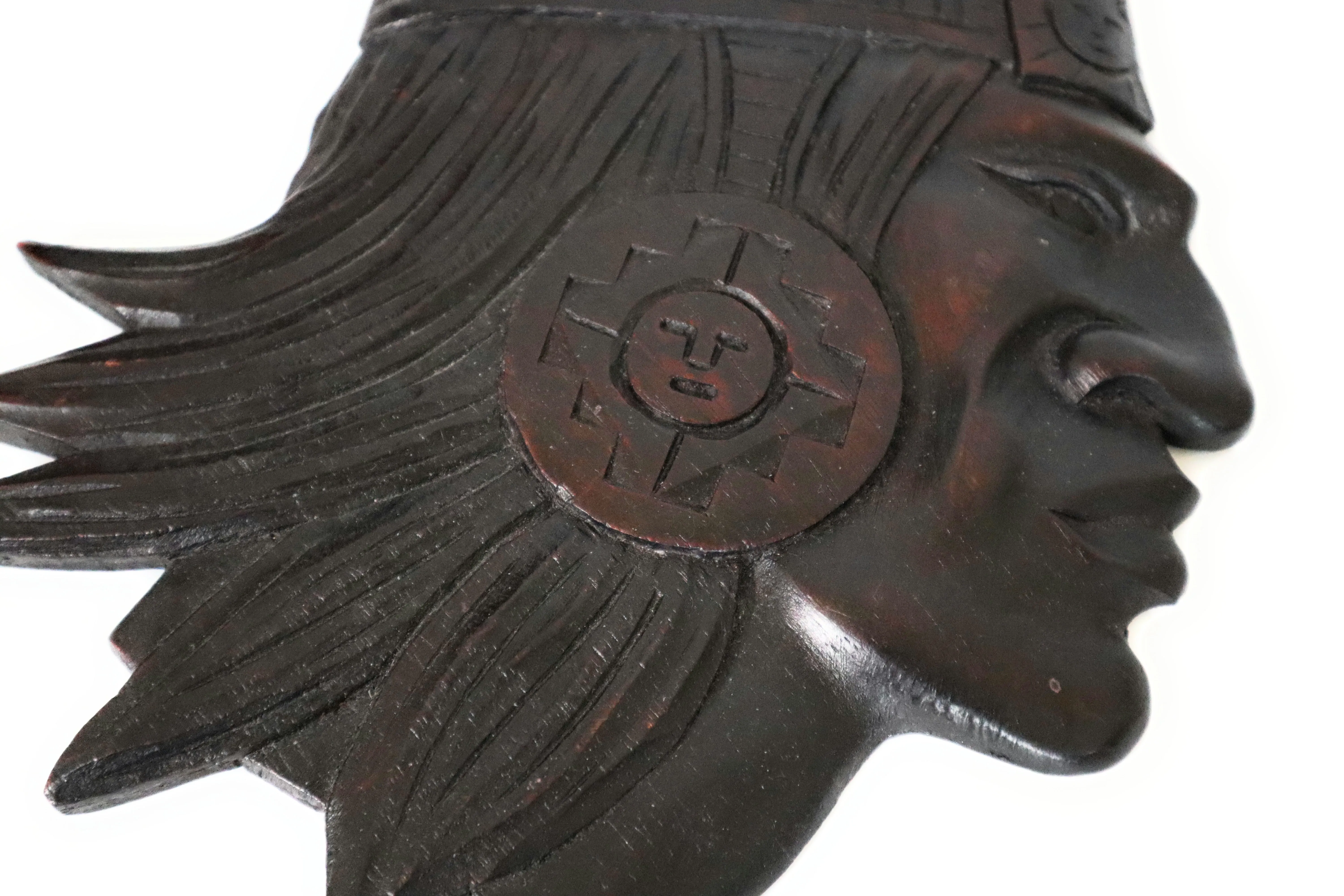 Inca Mask Wood Wall Plaque Hand Carved Peruvian Art Dark Brown 13” Tall