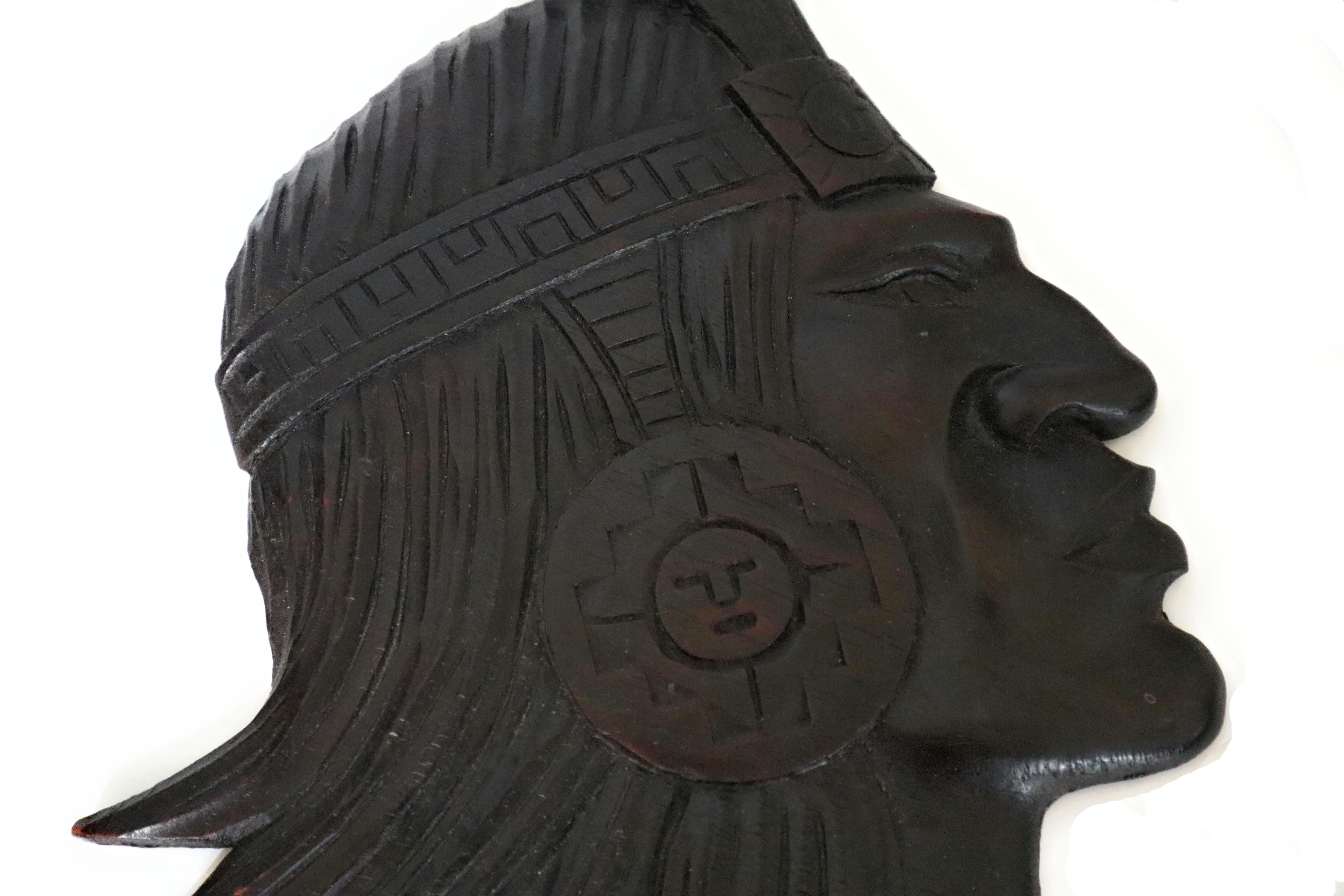 Inca Mask Wood Wall Plaque Hand Carved Peruvian Art Dark Brown 13” Tall