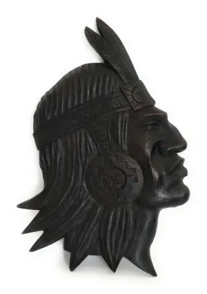 Inca Mask Wood Wall Plaque Hand Carved Peruvian Art Dark Brown 13” Tall