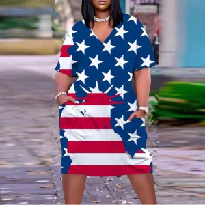 Independence Day Flag Print V-Neck Short Sleeve Loose Dress