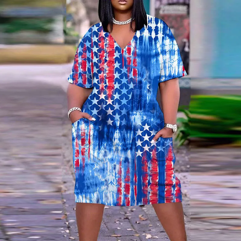 Independence Day Flag Print V-Neck Short Sleeve Loose Dress