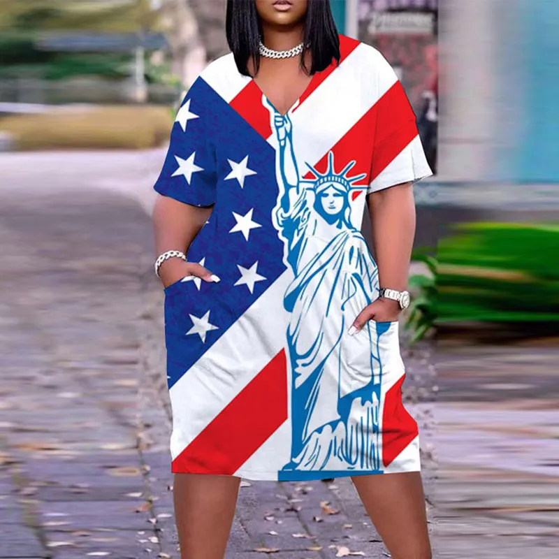 Independence Day Flag Print V-Neck Short Sleeve Loose Dress