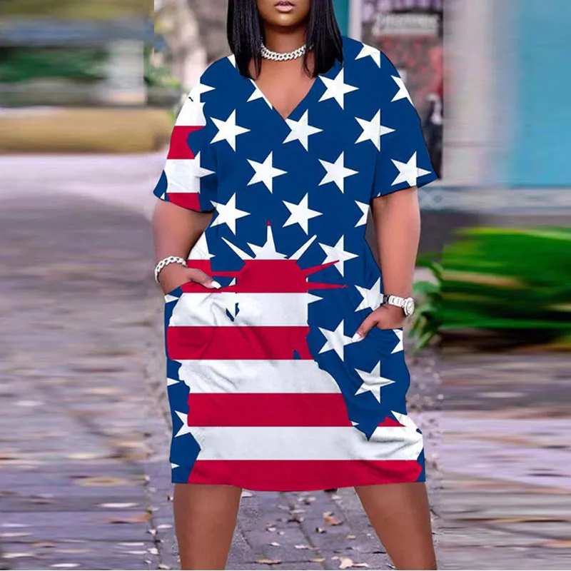 Independence Day Flag Print V-Neck Short Sleeve Loose Dress