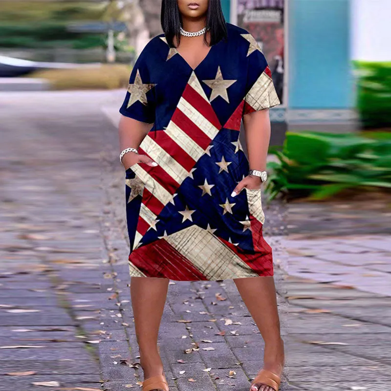 Independence Day Flag Print V-Neck Short Sleeve Loose Dress