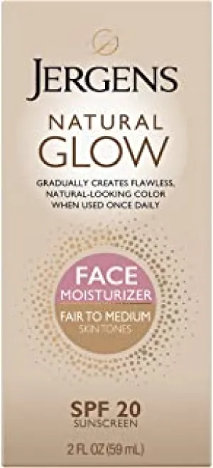 Jergens Natural Glow Self Tanner Face Moisturizer, SPF 20 Facial Sunscreen, Fair to Medium Skin Tone, Sunless Tanning, Oil Free, Broad Spectrum Protection UVA and UVB, 2 oz (Packaging May Vary)