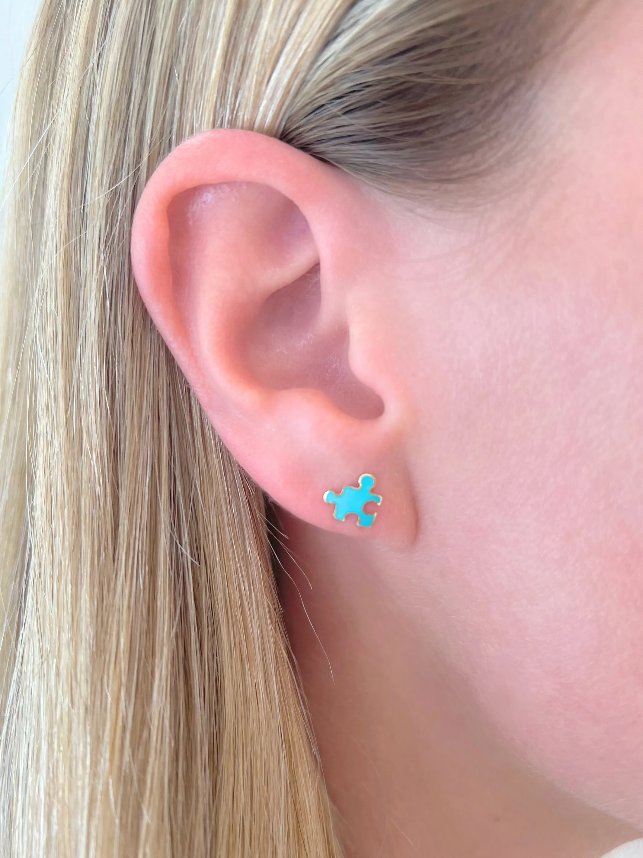 Kid Puzzle Piece Stud Earrings 14K