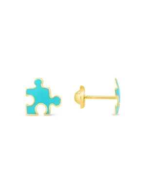 Kid Puzzle Piece Stud Earrings 14K