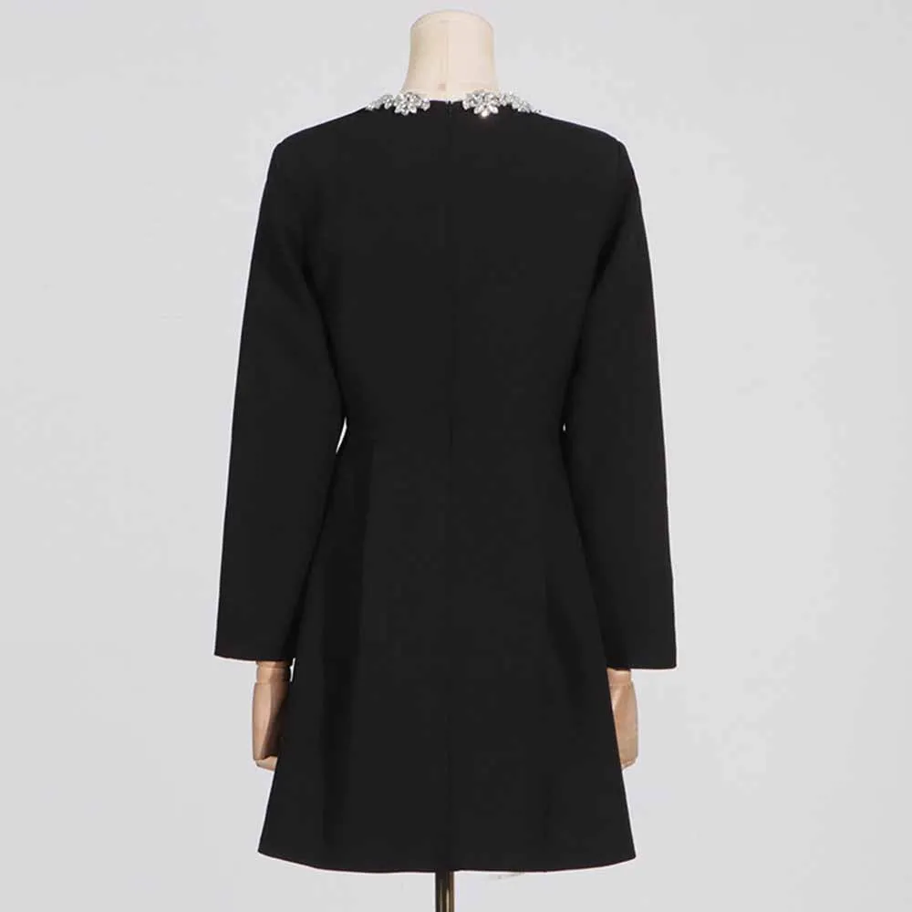 Long Sleeve Crystal Embellished Velvet Mini Dress