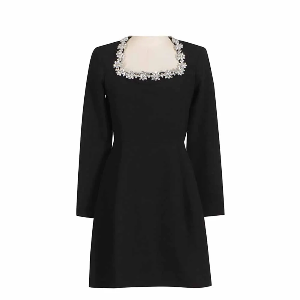 Long Sleeve Crystal Embellished Velvet Mini Dress