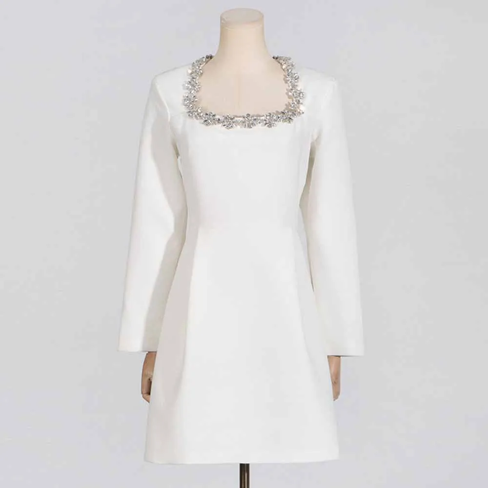 Long Sleeve Crystal Embellished Velvet Mini Dress