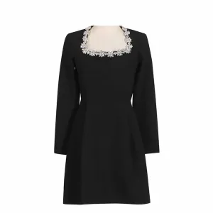 Long Sleeve Crystal Embellished Velvet Mini Dress