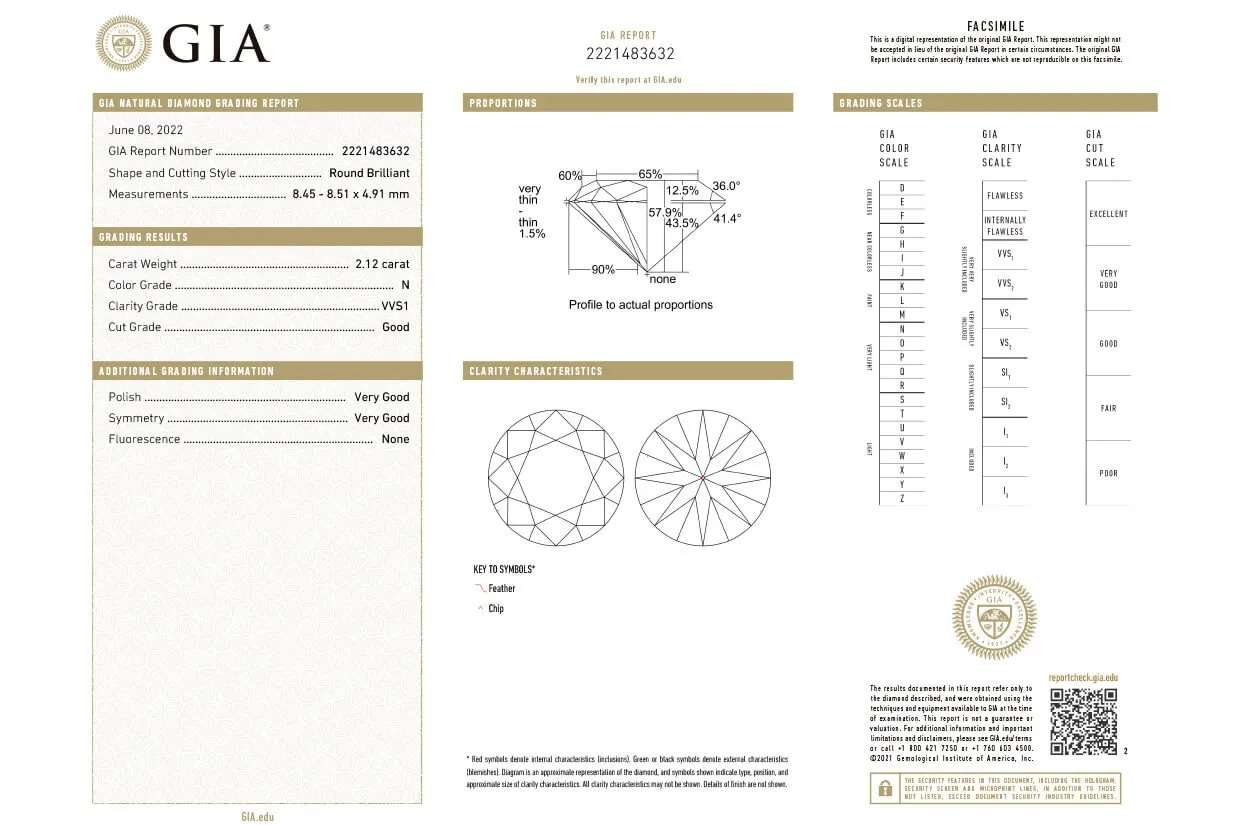 Loose Diamond Round 2.12 cts N VVS1 GIA Certified