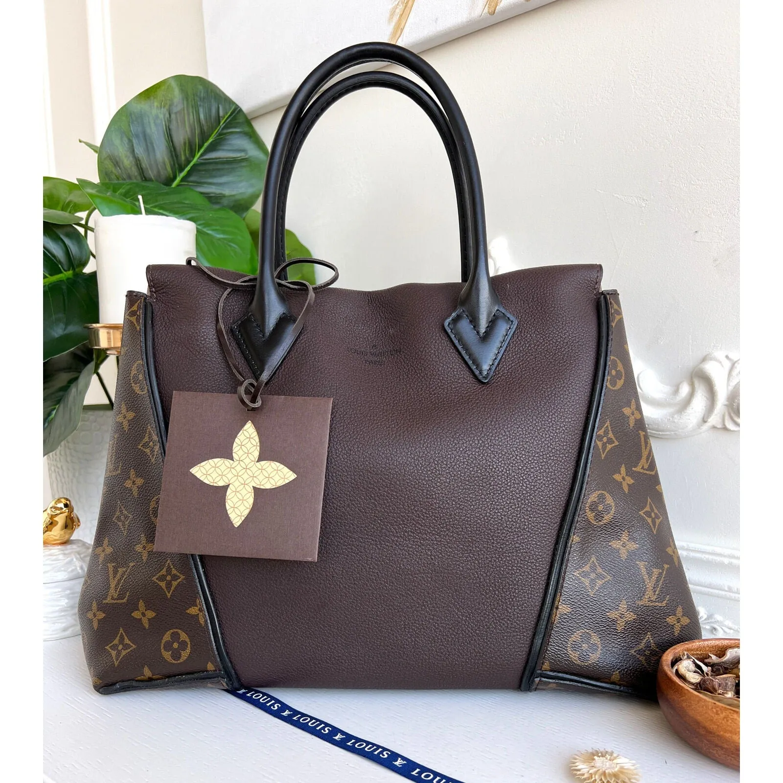 Louis Vuitton W Tote Monogram Cuir Orfevre Handbag Purse Chocolate 848-12624