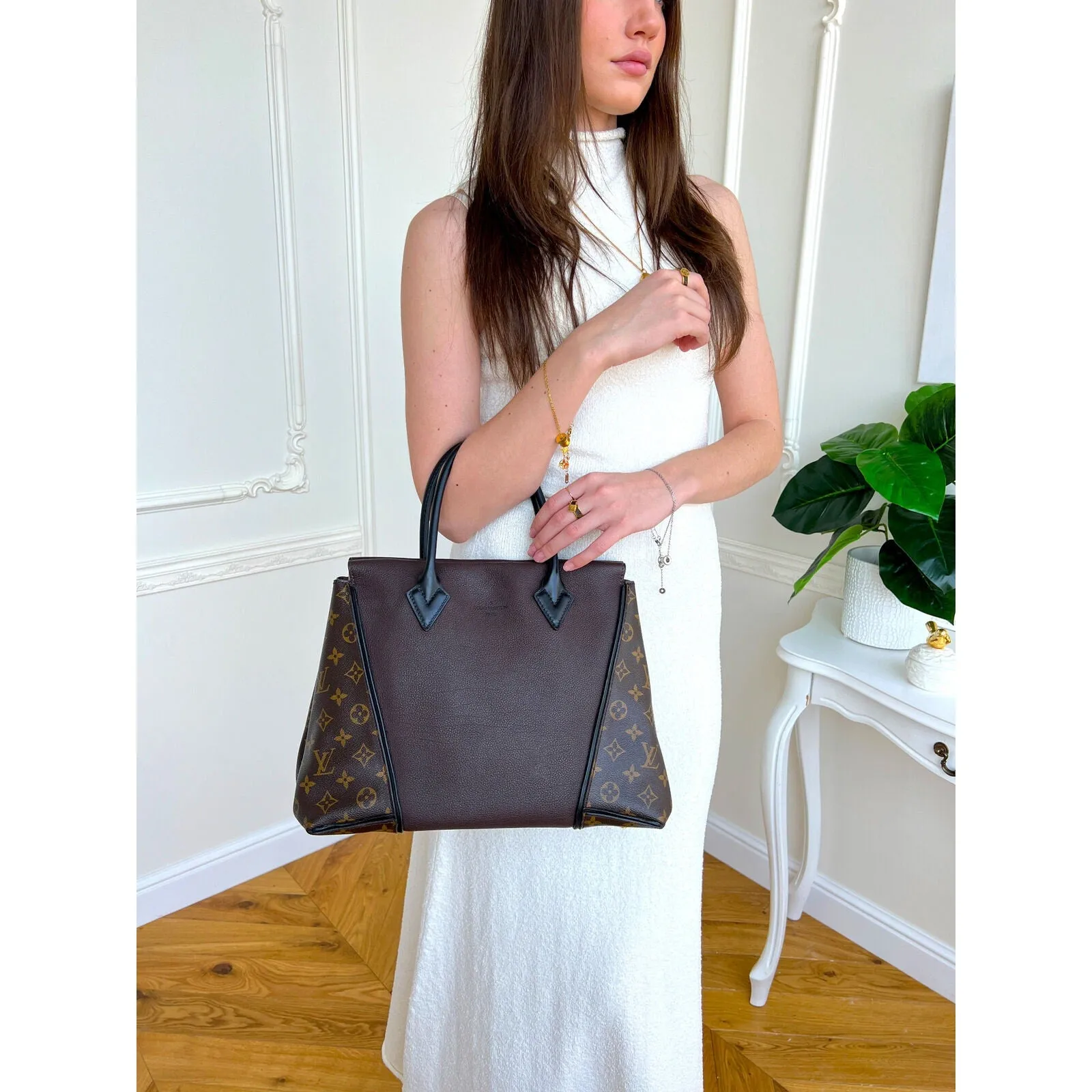 Louis Vuitton W Tote Monogram Cuir Orfevre Handbag Purse Chocolate 848-12624