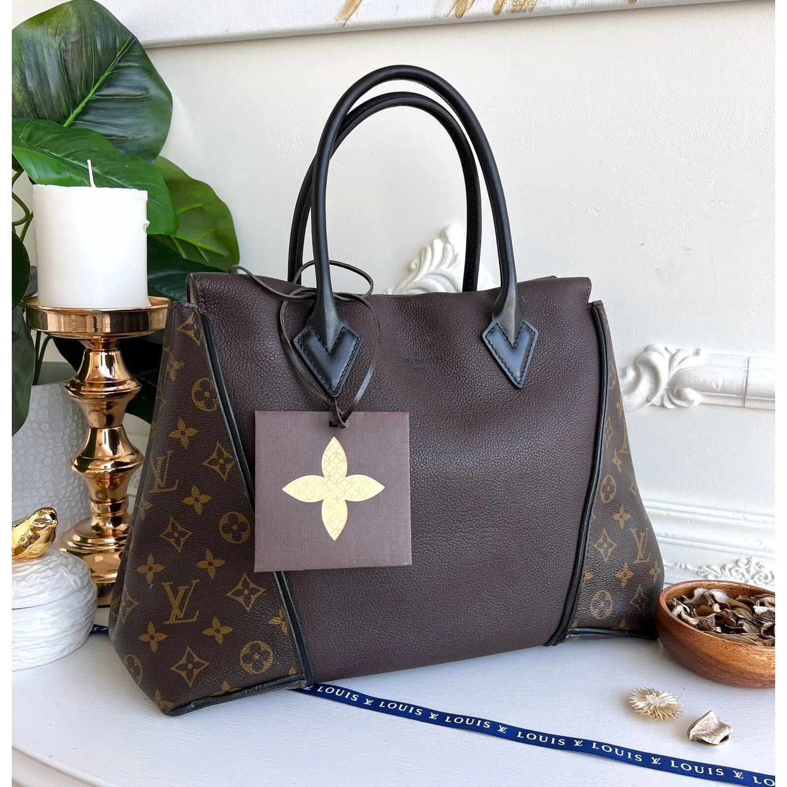 Louis Vuitton W Tote Monogram Cuir Orfevre Handbag Purse Chocolate 848-12624