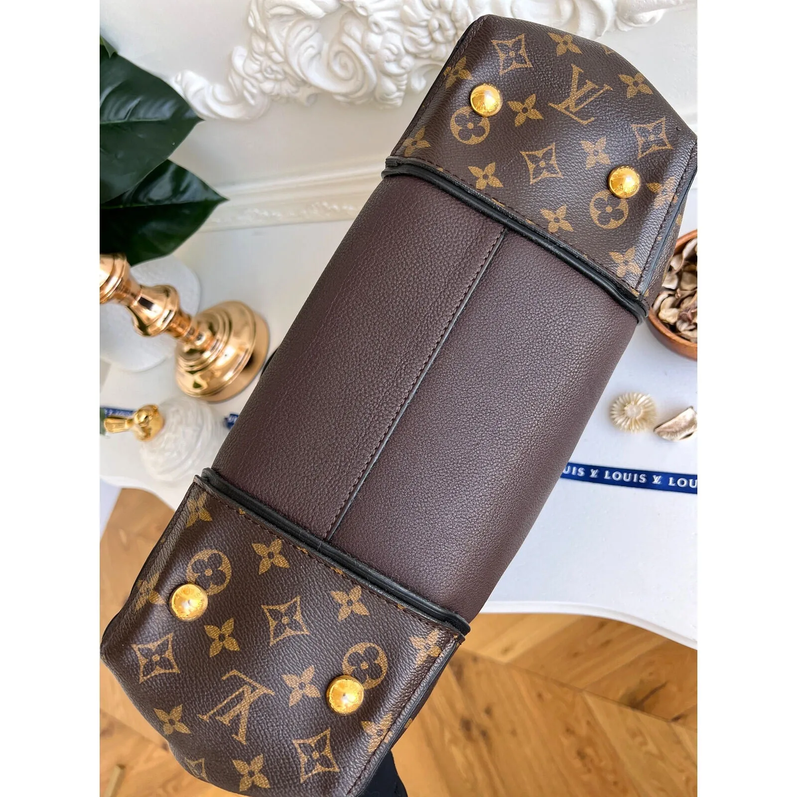 Louis Vuitton W Tote Monogram Cuir Orfevre Handbag Purse Chocolate 848-12624