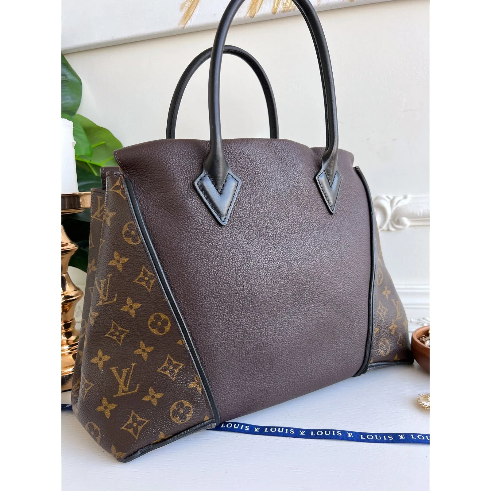 Louis Vuitton W Tote Monogram Cuir Orfevre Handbag Purse Chocolate 848-12624