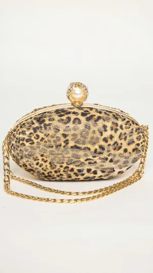 Mara Gold-Accessorized Leopard Print Clutch