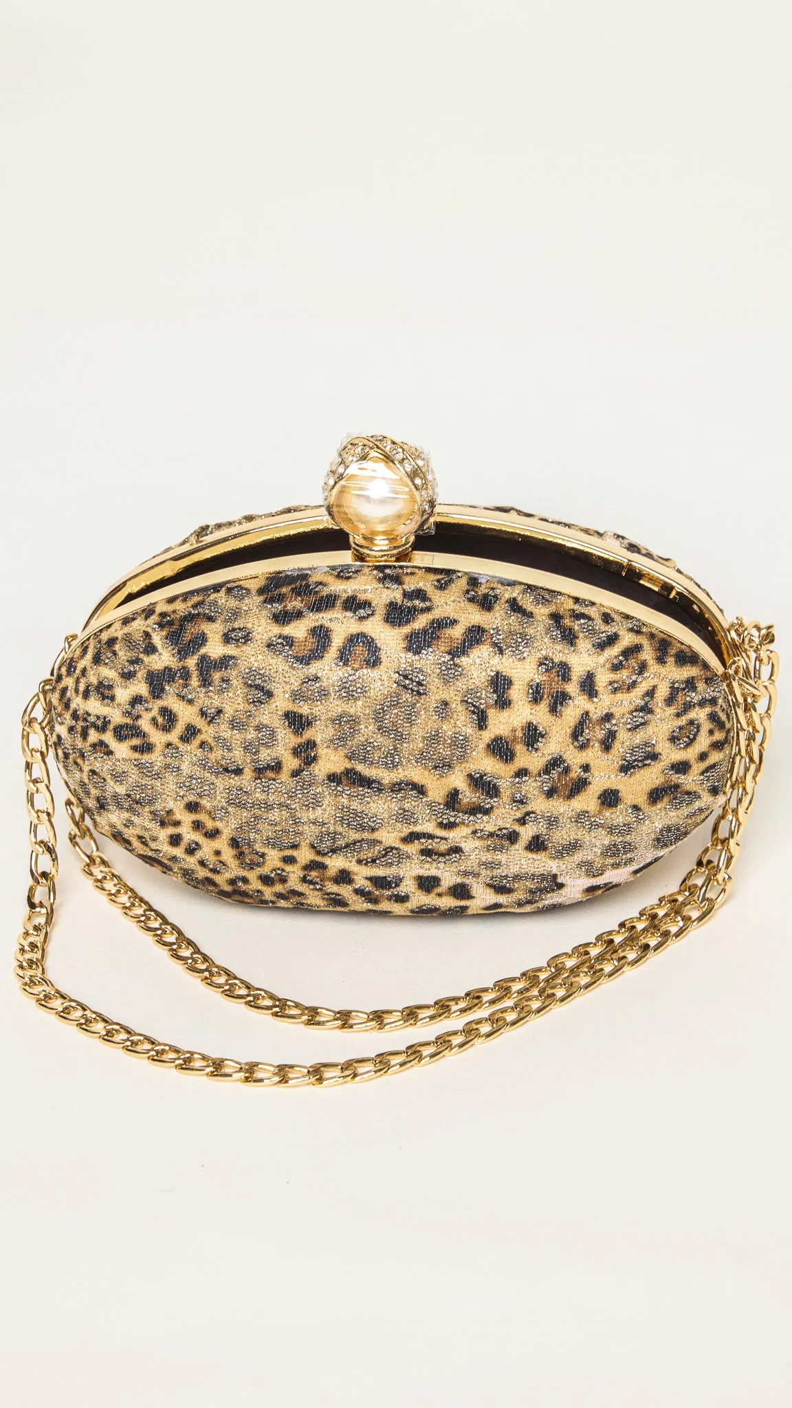 Mara Gold-Accessorized Leopard Print Clutch