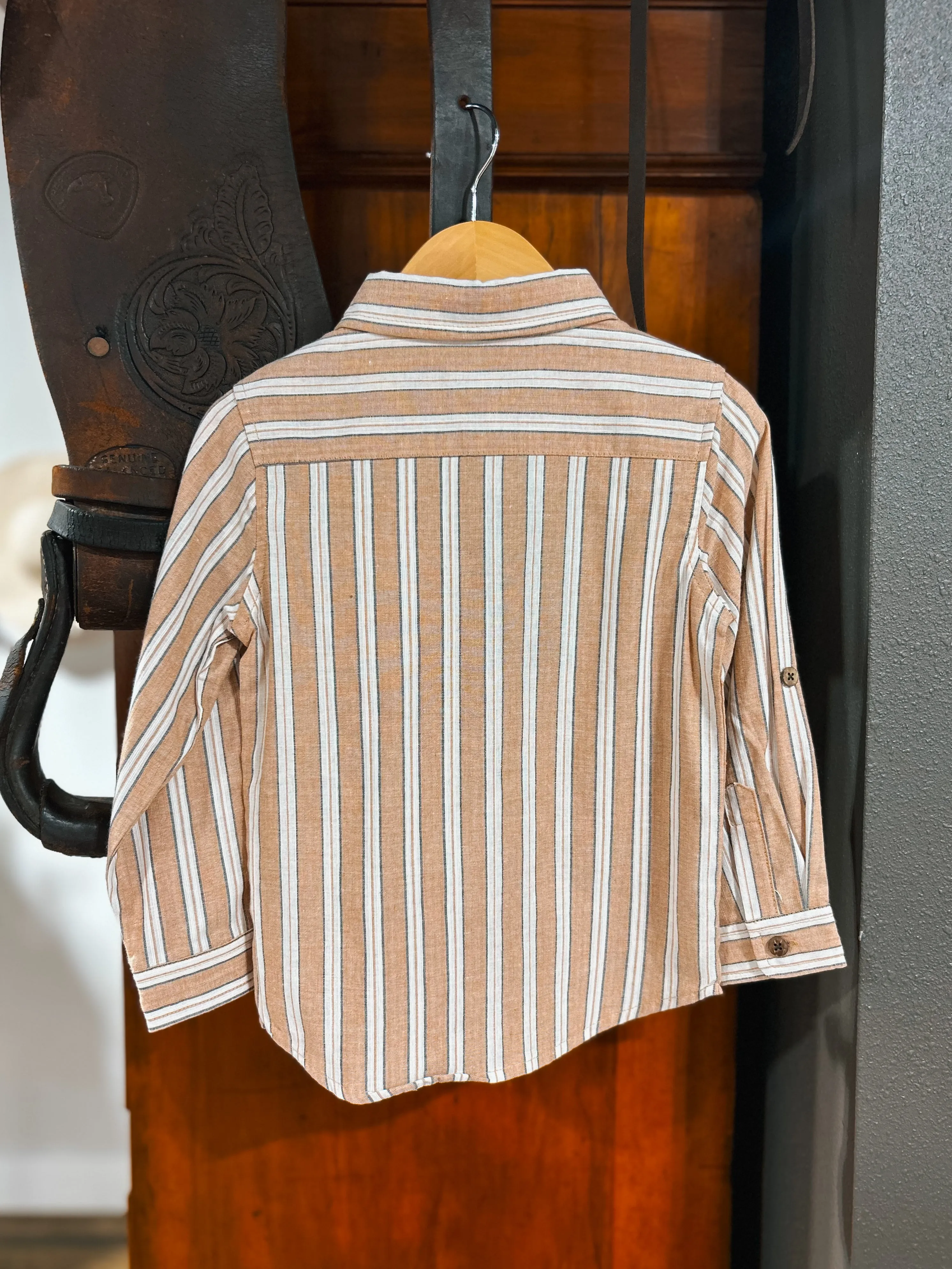 Me & Henry Boys Atwood Beige/White Stripe Button Down Shirt (3T)