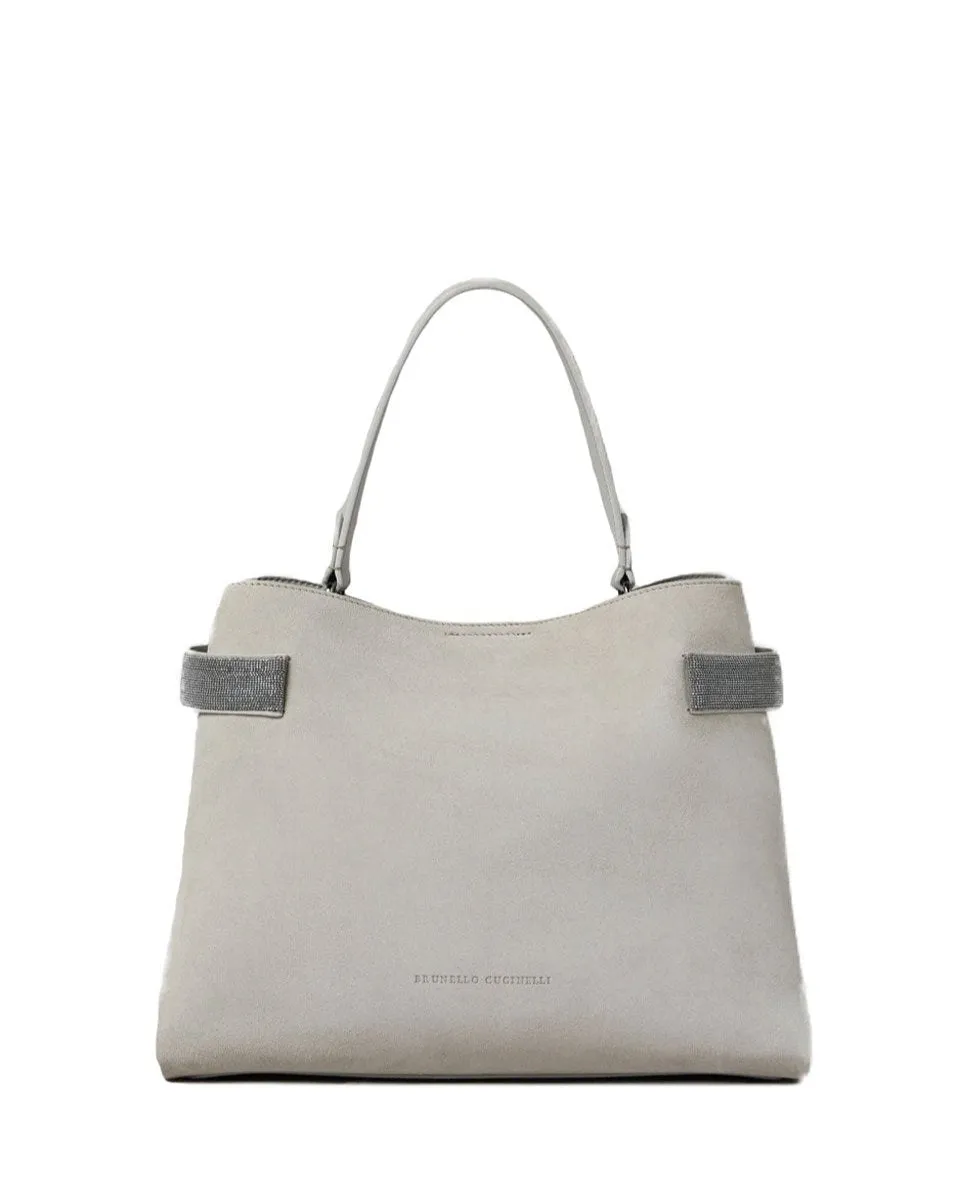 Medium Velour Top Handle Shopper Bag in Stone