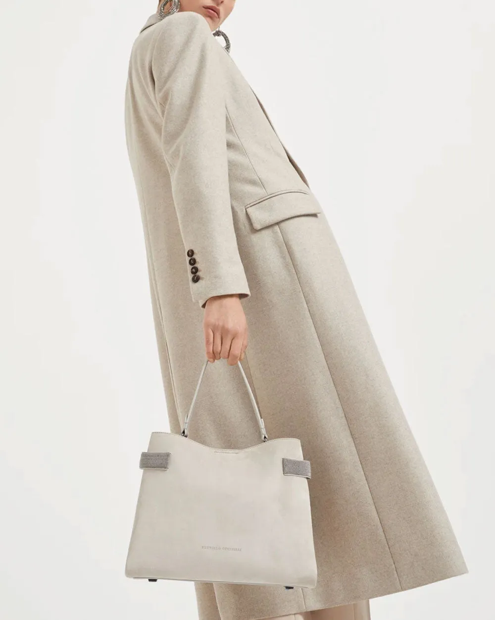 Medium Velour Top Handle Shopper Bag in Stone